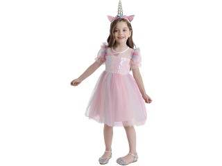 Kids Dress For Girls Rainbow Sequins Tulle Gown With Silver Unicorn Headband