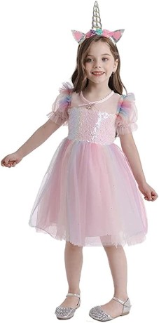 kids-dress-for-girls-rainbow-sequins-tulle-gown-with-silver-unicorn-headband-big-0