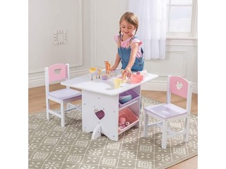 Wooden Heart Table & Chair Set with 4 Storage Bins,