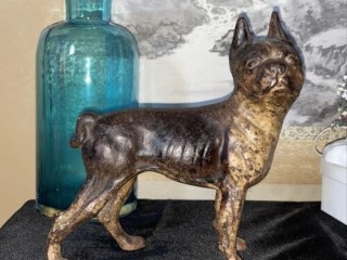 BOSTON TERRIER Antique Cast Iron Dog Doorstop Brown Cream Decorative Art Statue