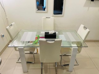 Glass Dining Table with 6 Leather Chairs